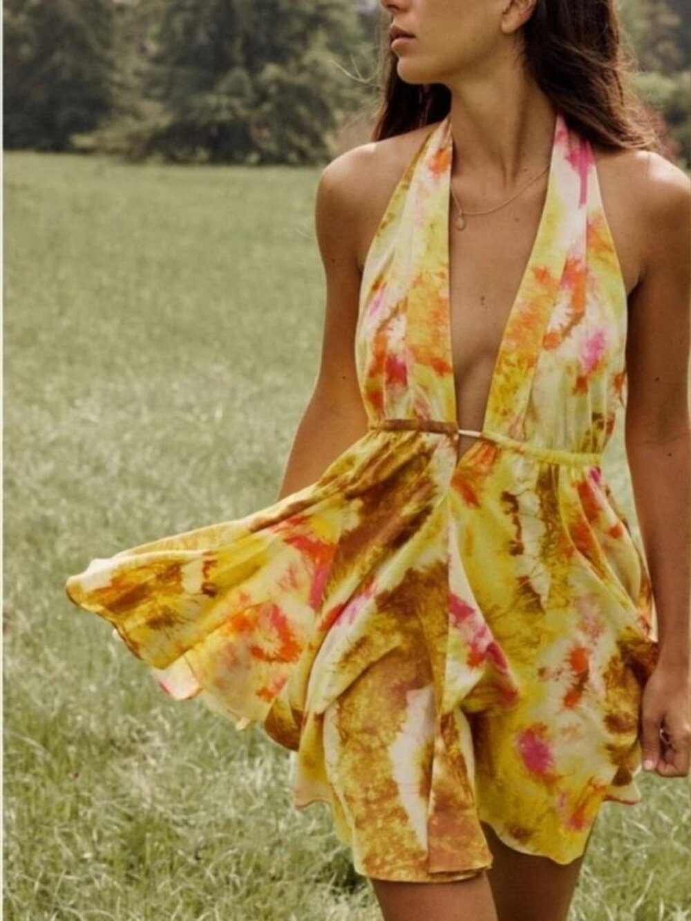 ZARA Golden Pink Tie Dye Flowy Open Back Halter Dress Women's size L